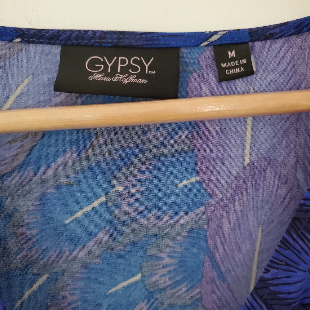 MARA HOFFMAN GYPSY M Blue Feather Print Faux Wrap 39" Dress LS Party Office EUC - Picture 2 of 13